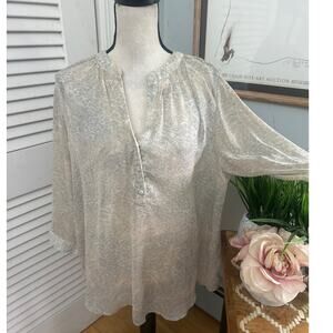 Rose + Olive Blouse Womens 1X Tunic Beige Abstract Print Sheer Fairy Boho Chic